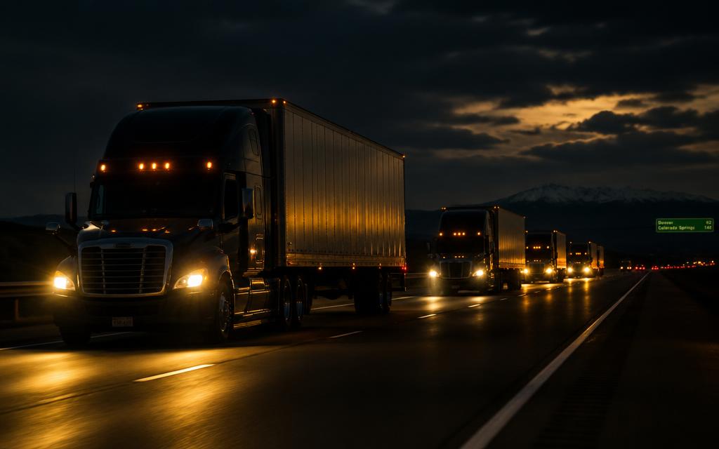 Linehaul trucking fleet on the highway at night